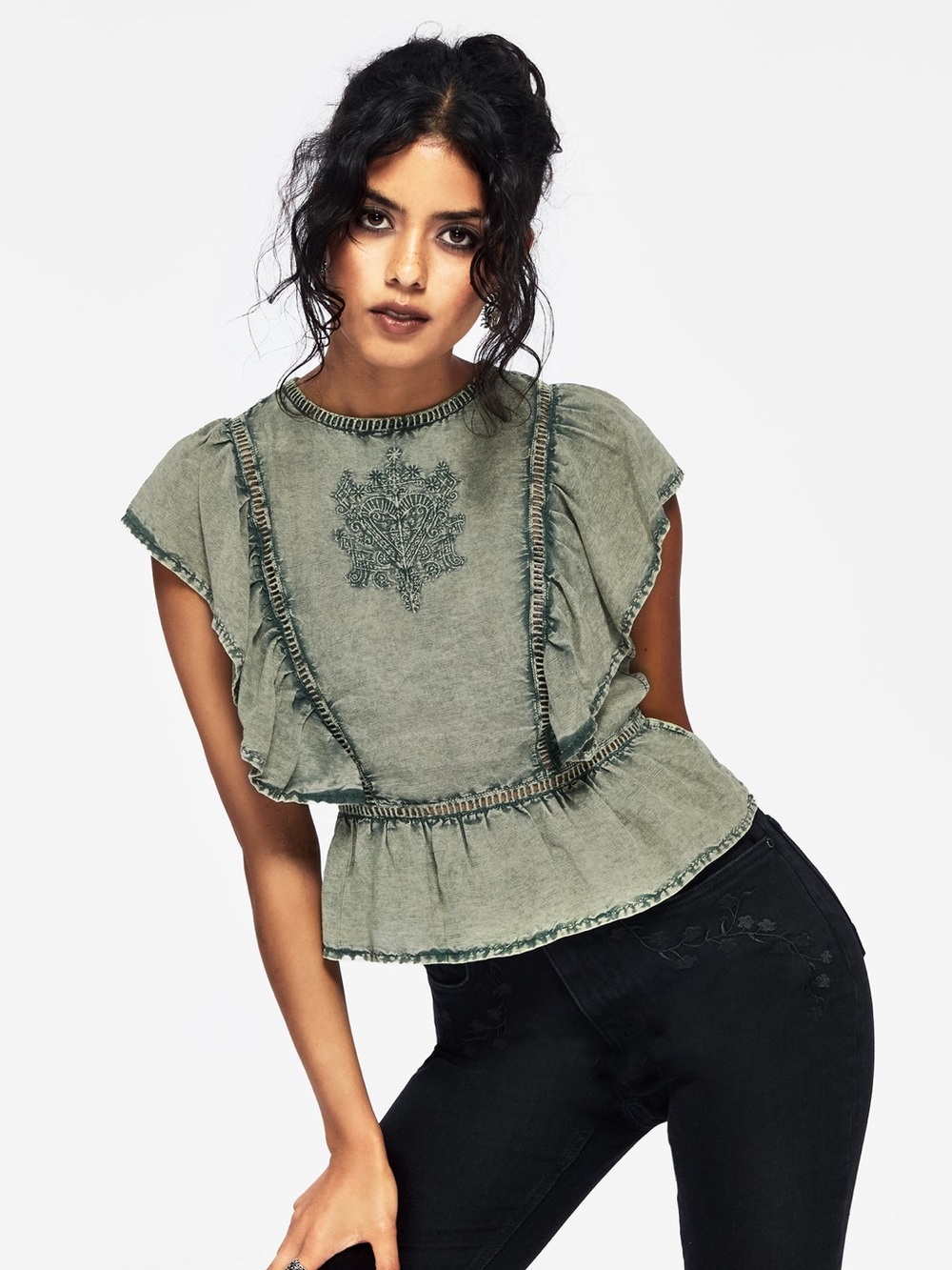 Disturbia Eartha Embroidered Cotton Frill Detail Peplum Top size 6